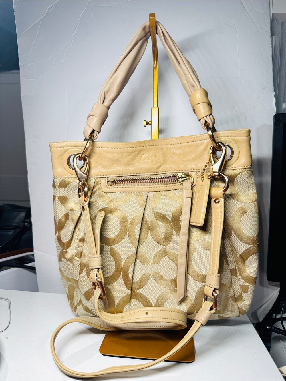Coach Parker Op Art Beige Signature Canvas Shoulder Bag with Leather Trim